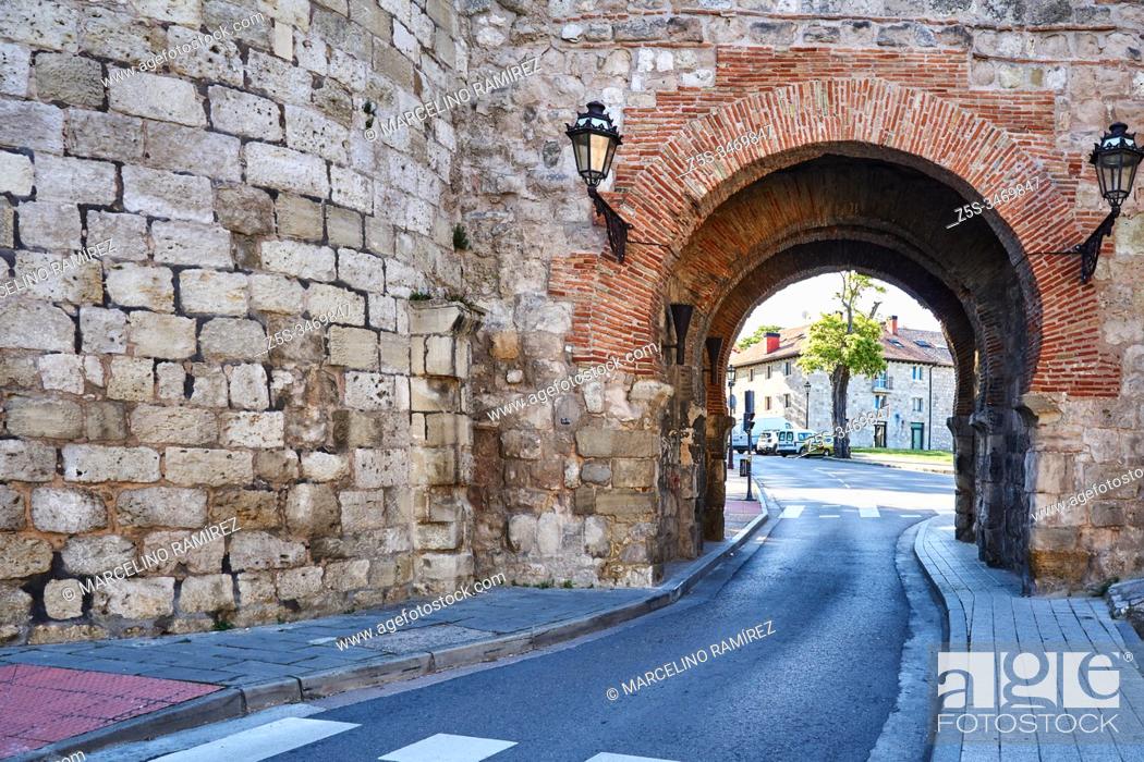 Stock Photo: The arch of San Martín is one of the gates of the wall of the Spanish city of Burgos. French Way, Way of St. James. Burgos, Castile and Leon, Spain, Europe.