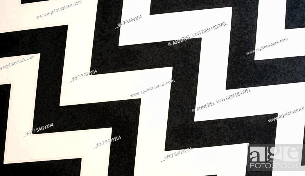 Stock Photo: Zigzag Striped seamless pattern with horizontal line. Black and white fashion graphics design. Strict graphic background. Retro style.