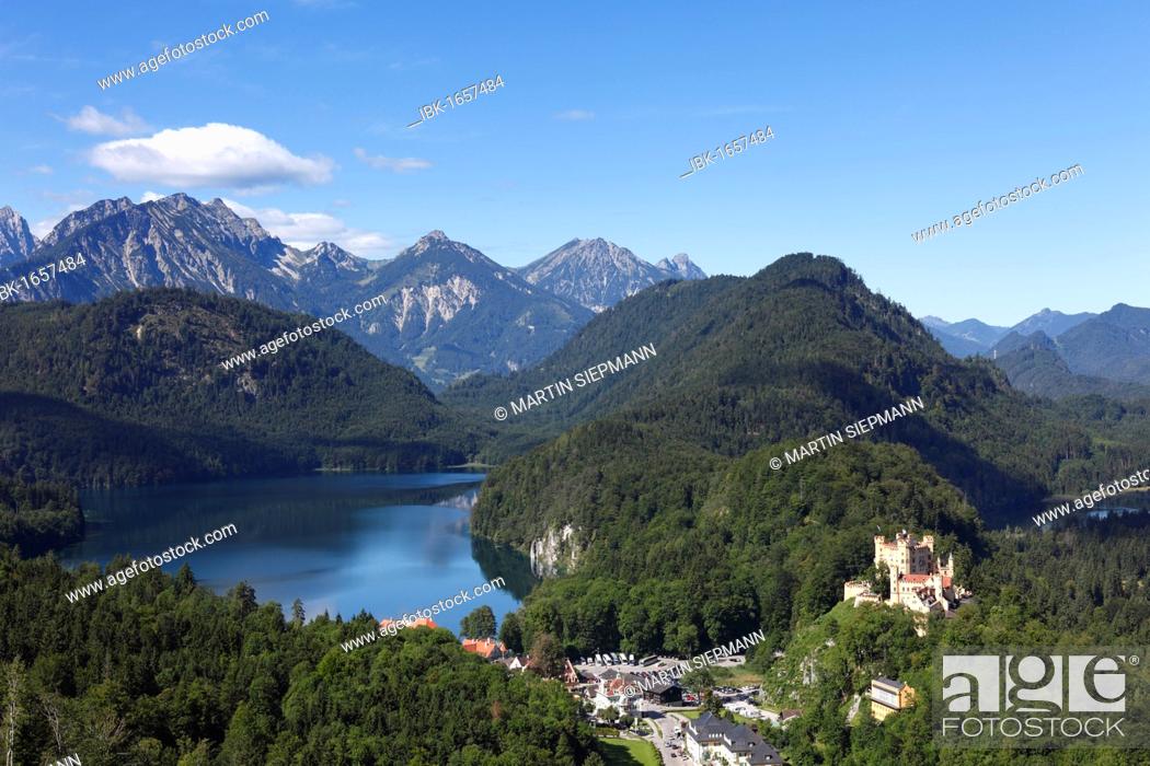 Stock Photo: View from Jugend lookout point over Lake Alpsee and Schloss Hohenschwangau Castle towards the Tannheimer Mountains, Ostallgaeu, Allgaeu, Schwaben, Bavaria.