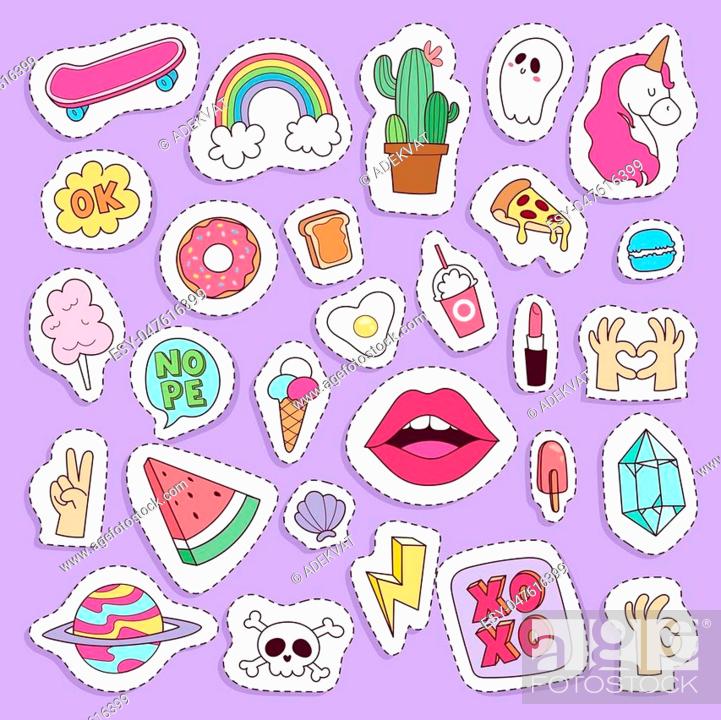 Girl fashion symbols vector stickers patches cute colorful badges fun  cartoon icons pony, horn horse, Stock Vector, Vector And Low Budget Royalty  Free Image. Pic. ESY-047616399 | agefotostock