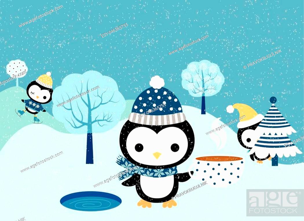 Winter scene with snow and trees and cartoon penguin characters with  scarves and skates and a cup of..., Stock Vector, Vector And Low Budget  Royalty Free Image. Pic. ESY-046365755 | agefotostock
