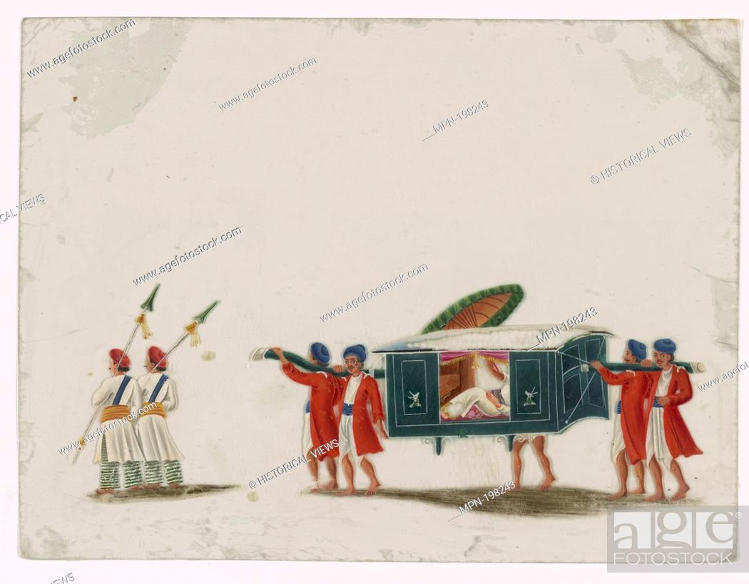 Stock Photo: Black palanquin with male passenger, four bearers in red coats following two attendants with spears. Indian coloured drawings: a collection of 177 original.