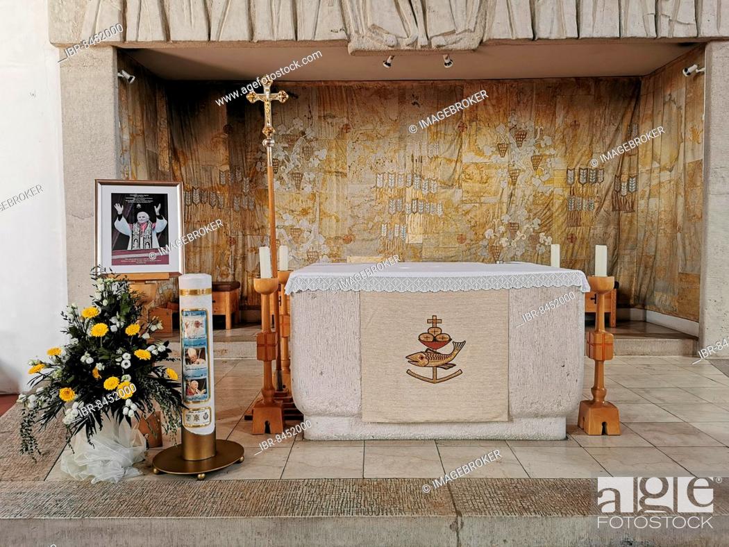 Stock Photo: The new altar with a picture of Pope Benedict XVI in St. Oswald Church, Marktl, Altötting district, Upper Bavaria, Germany, Europe.