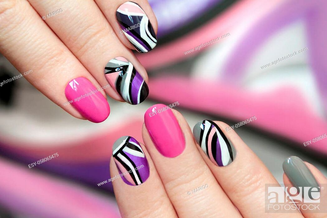 Trendy pink purple nail Polish with white, gray and black stripes girl  close up on colorful..., Stock Photo, Picture And Low Budget Royalty Free  Image. Pic. ESY-058065475 | agefotostock