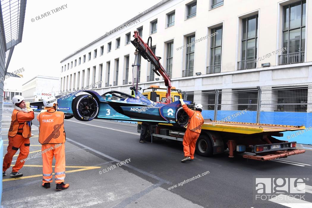 Stock Photo: The tow truck takes away the car of Oliver Turvey (gbr) NIO 333 FE Team during the fourth race of the 2022 Formula E. Rome (Italy), 09 April 2022.