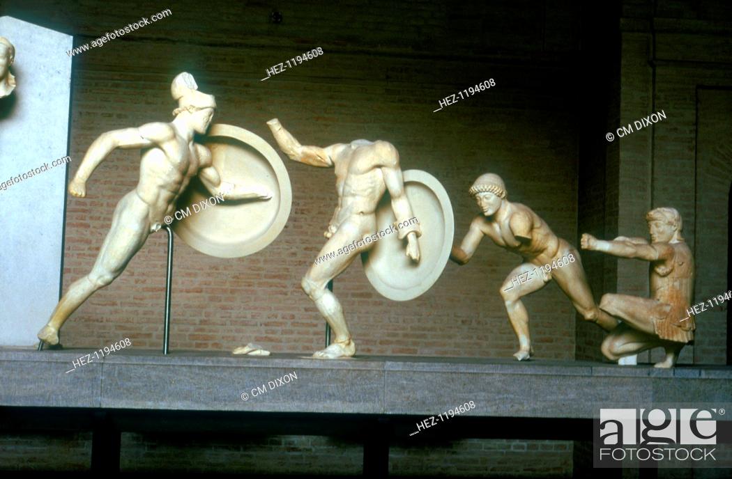 Stock Photo: Reconstruction of part of the East Pediment of the Temple of Aphaia, Aegina, Greece, c500-480 BC. This item is now in the Munich Glyptothek Germany.