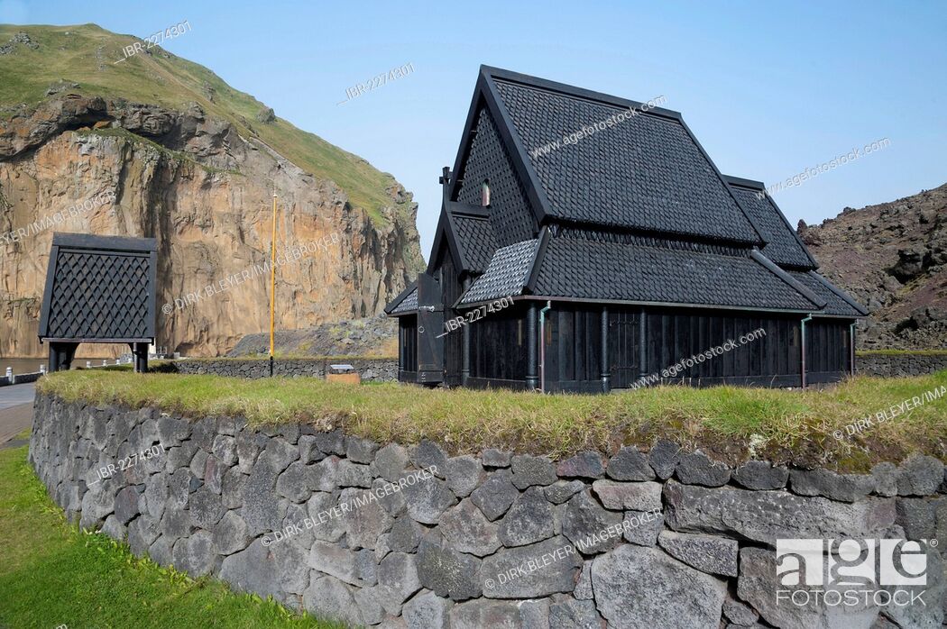 Stock Photo: Stave church, Skansinn, Eldfell lava field, town of Vestmannaeyjar, Heimaey Island, Westman Islands, Suðurland or South Iceland, Iceland, Europe.