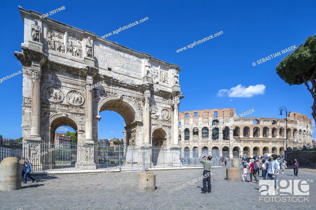 Stock Photo: Arch of Constantine South side, from Via triumphalis, Colosseum to right, Rome, Lazio, Italy, Europe.