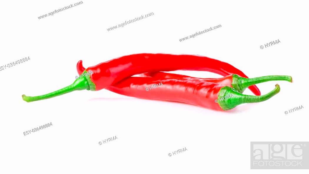Stock Photo: Three red chilli peppers isolated on white background.