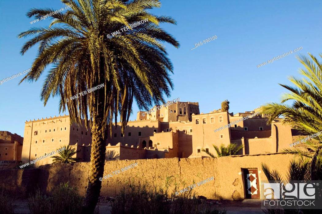 Stock Photo: Taourirt Kasbah. Old Glaoui Tribe Building. Sunset. Ouarzazate. South of the High Atlas. Morocco.