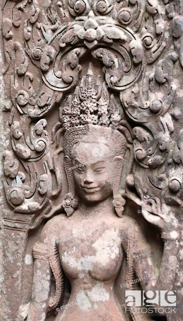 Stock Photo: Wall carving with woman dancer apsara, famous Angkor Wat complex, khmer culture, Siem Reap, Cambodia. UNESCO world heritage site.