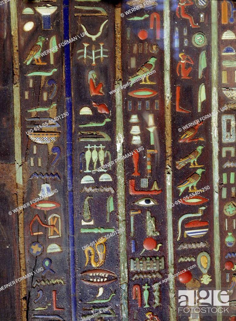 Stock Photo: Hieroglyphs in their most decorative form appear on the interior coffin of Petosiris.