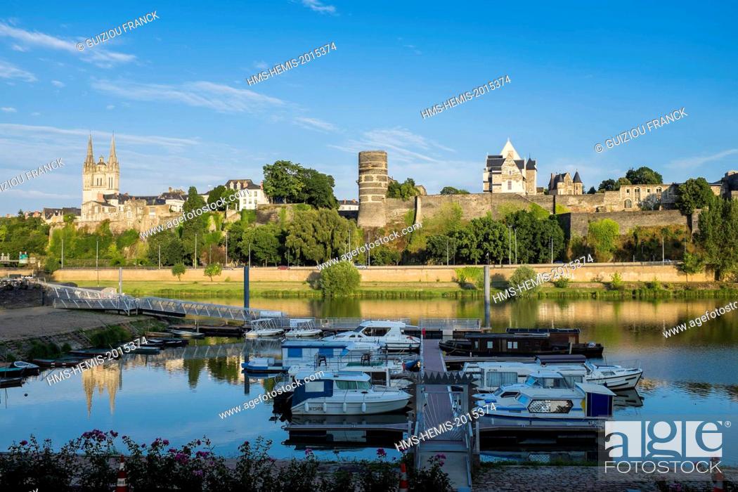 Stock Photo: France, Maine et Loire, Angers, the river port and the castle of the Dukes of Anjou, Saint Maurice cathedral in background.