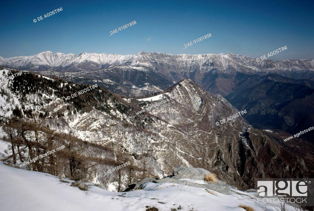 Stock Photo: Panoramic view of Argentina valley from Grai refuge, with Mount Saccarello in the background, Ligurian Alps, Liguria, Italy.