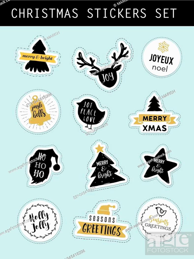 Stock Vector: Christmas winter stickers set, labels, tags, design elements and patches with lettering.