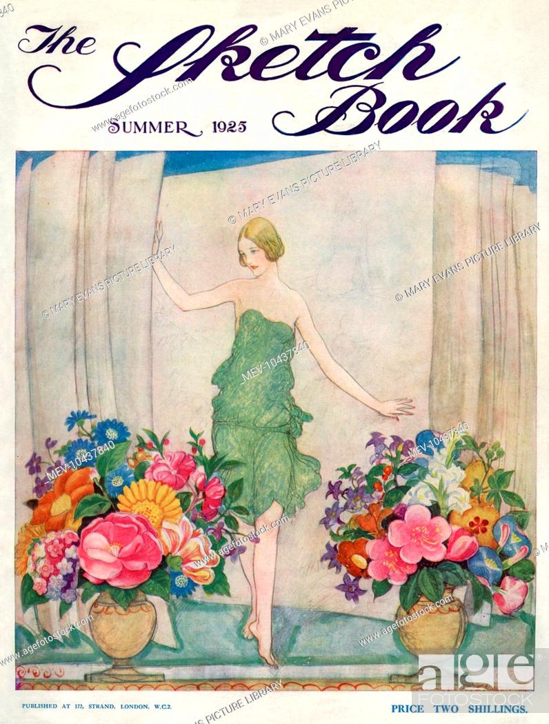 Stock Photo: Front cover of the Summer Sketch Book of 1925, featuring an illustration of a young woman in a diaphanous green dress stepping gracefully down between two urns.