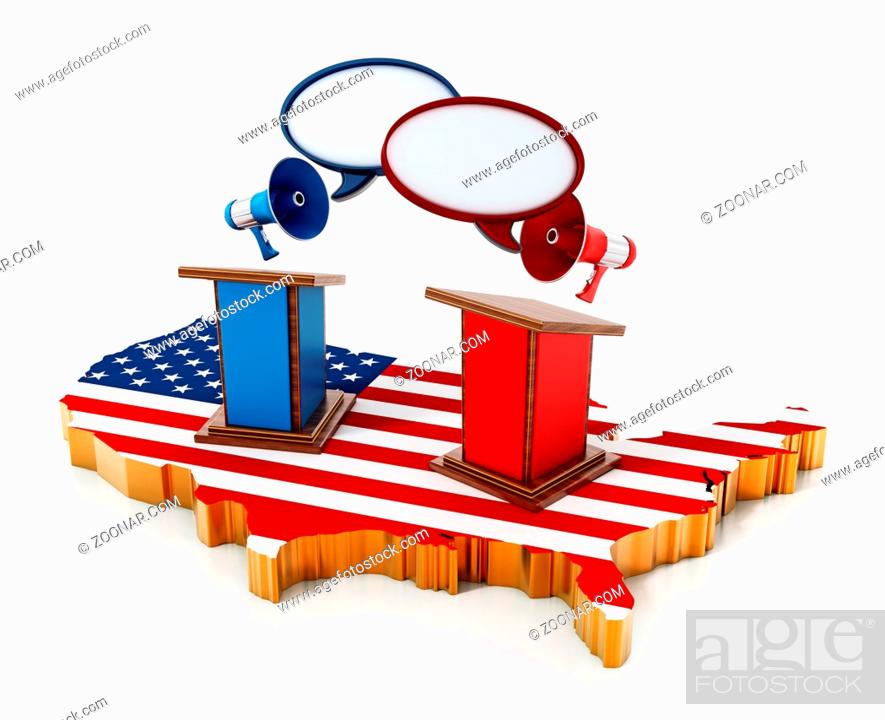 Stock Photo: Blue and red lecterns standing on USA map. 3D illustration.