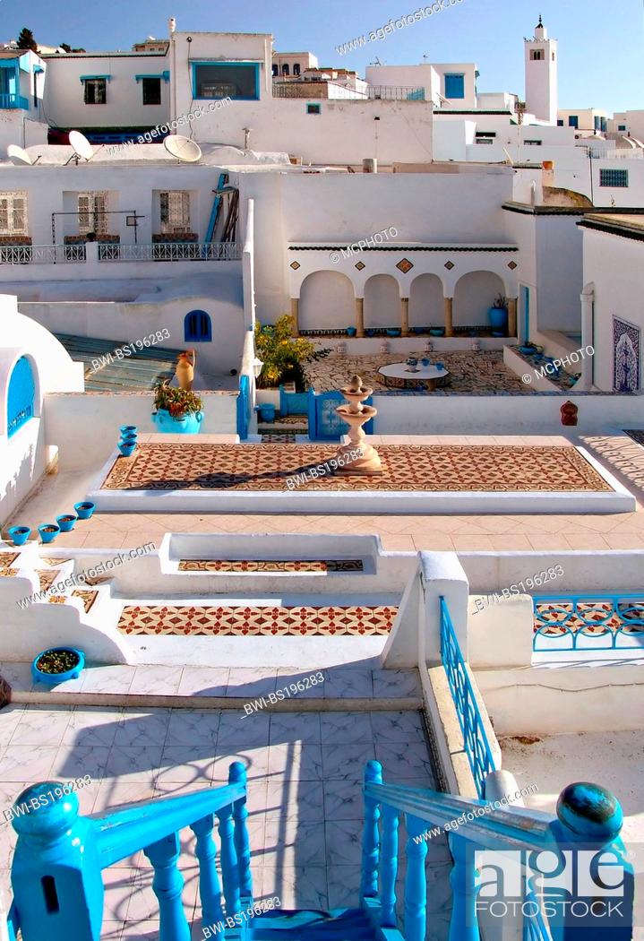 Stock Photo: roof top garden of a traditional Arabian house at the artist village of Sidi Bou Said, Tunisia.