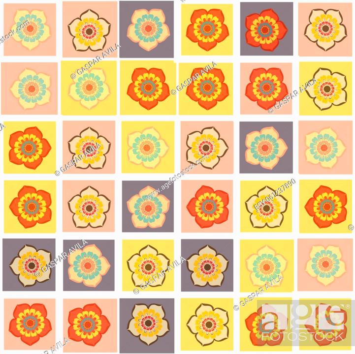 Stock Vector: Pattern of flowers in colorful tiles.