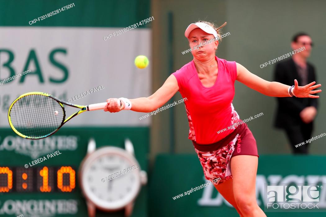 Stock Photo: Czech tennis player Barbora Krejcikova in action during the 1st round of the French Open 2018 tennis tournament in Paris, France, on May 28, 2018.