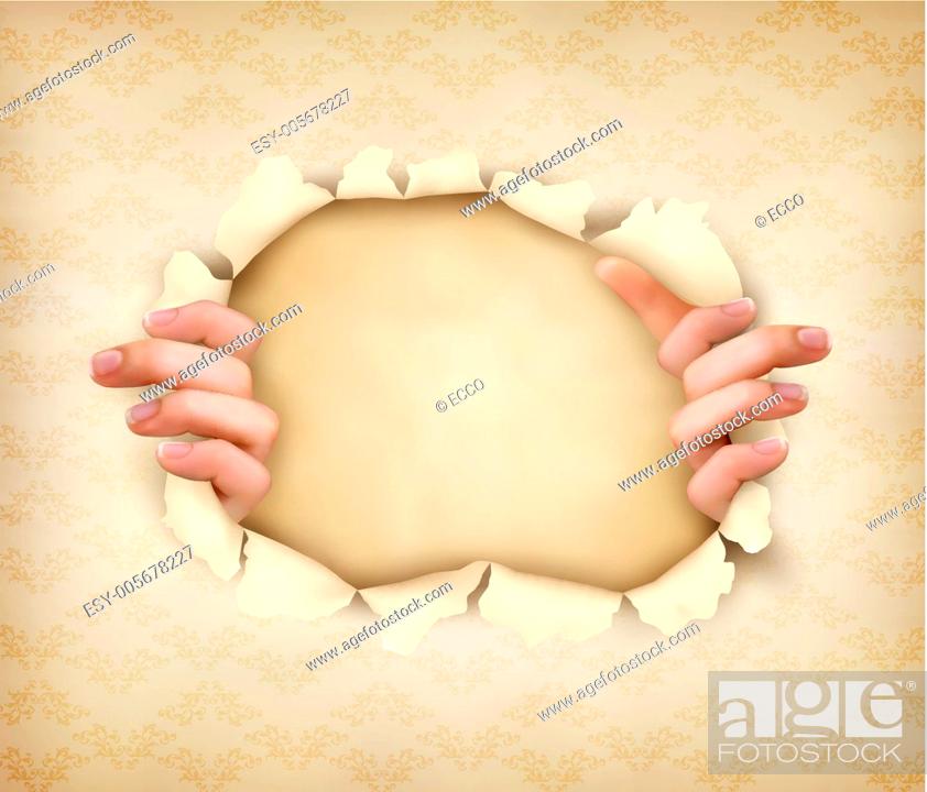 Stock Vector: Vintage background with hands showing trough a hole of in old pa.