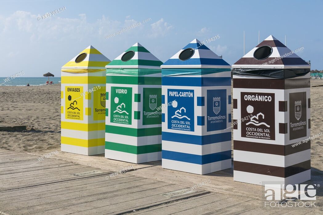 Stock Photo: Recycling bins marked in Spanish language on beach in Torremolinos, Malaga Province, Costa del Sol, Spain.