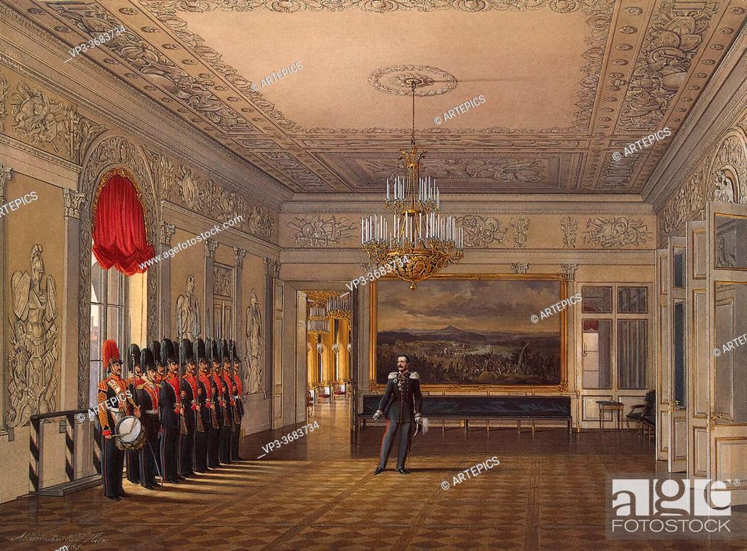 Stock Photo: Hau Edward Petrovich - Interiors of the Winter Palace - the Sentry Hall - Russian School - 19th Century.