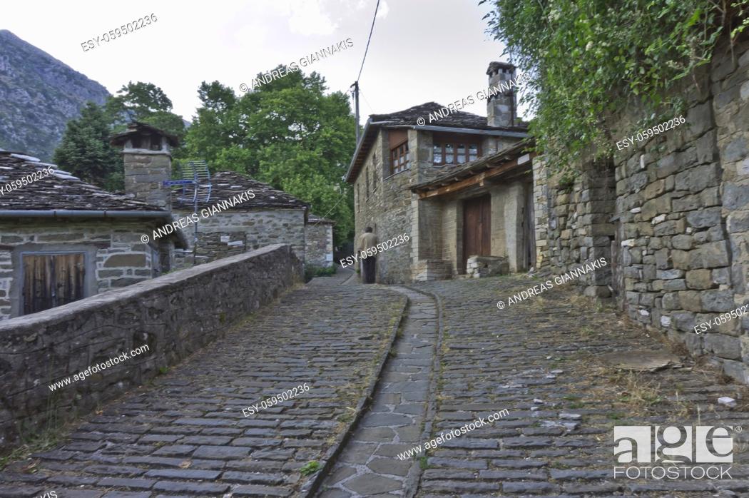 Stock Photo: Tsepelovo Epirus, Old stone village street view, Greece, Europe.