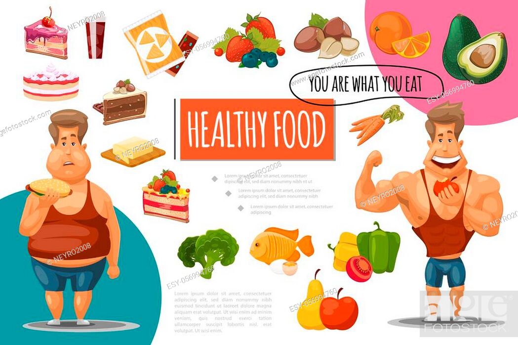 Cartoon healthy food concept with sweet products fruits berries nuts  vegetables fish fat and..., Stock Vector, Vector And Low Budget Royalty  Free Image. Pic. ESY-056994760 | agefotostock