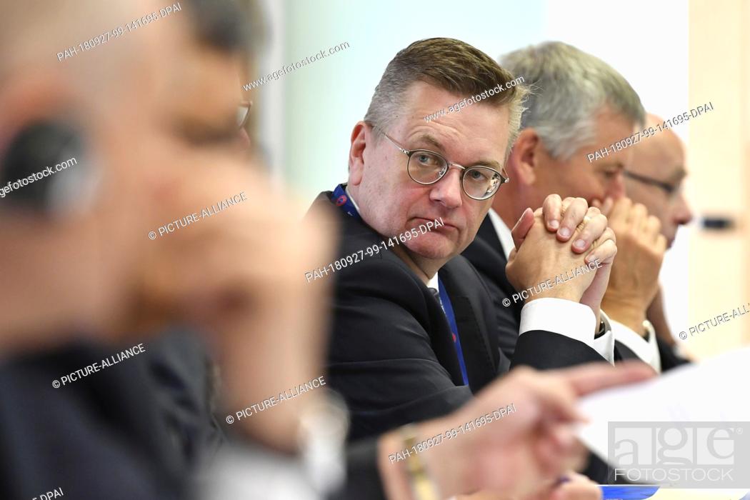 Stock Photo: HANDOUT - 27 September 2018, Switzerland, Nyon: Football UEFA meeting Executive Committee at UEFA headquarters before the decision on EM host 2024 between.