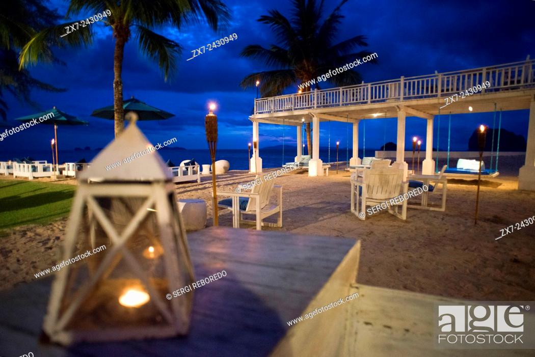 Stock Photo: Restaurant on the beach in Anantara Si Kao Resort & Spa, south of Krabi, Thailand. Located on the soft white sands of Changlang Beach.