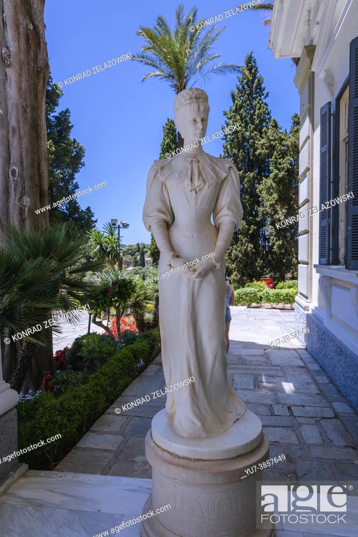 Stock Photo: Statue of Empress Elisabeth of Austria known Sisi in front of Achilleion palace built in Gastouri on the Island of Corfu, Greece.