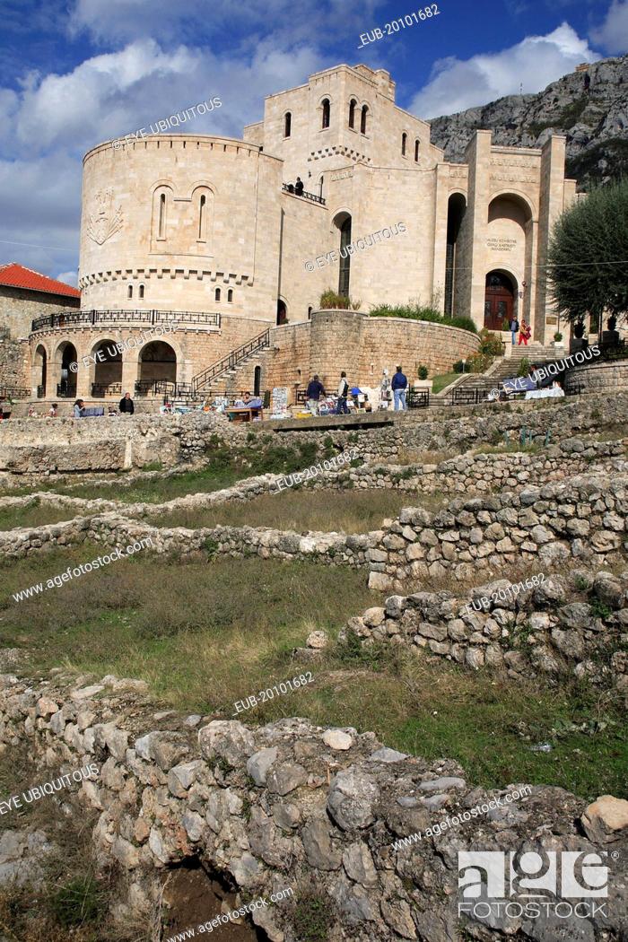 Stock Photo: Castle and museum exterior with tourist souvenir stalls outside walls.