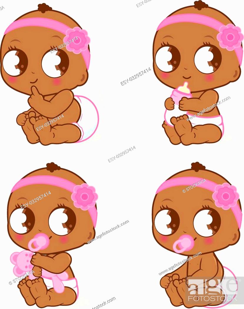 Vector Illustration of a cute black baby girl drinking milk, playing with  her toy, Stock Vector, Vector And Low Budget Royalty Free Image. Pic.  ESY-032957414 | agefotostock