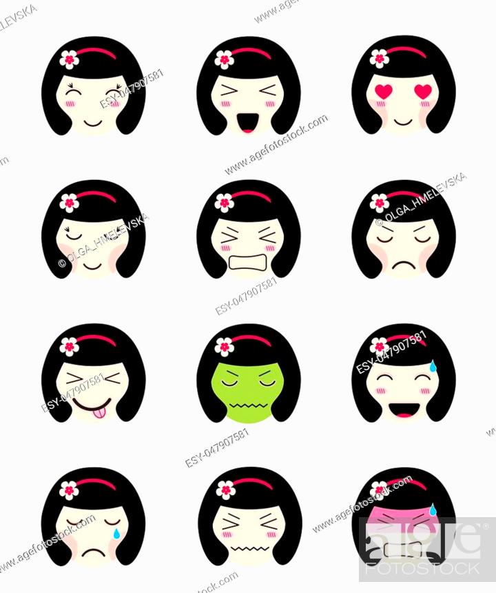 Cute emoji collection. Kawaii asian girl face. Set of flat emoticon in anime  style, Stock Vector, Vector And Low Budget Royalty Free Image. Pic.  ESY-047907581 | agefotostock