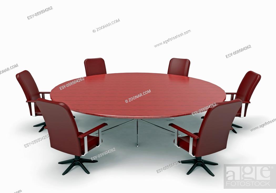 Stock Photo: Conference table with six chairs on white background, 3D rendering.