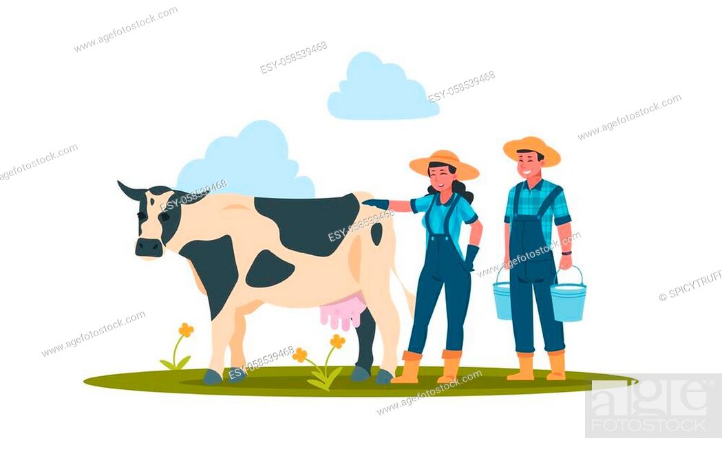 Farmers with cow. Cartoon characters doing farming job. Man and woman take  care of domestic animal, Stock Vector, Vector And Low Budget Royalty Free  Image. Pic. ESY-058539468 | agefotostock