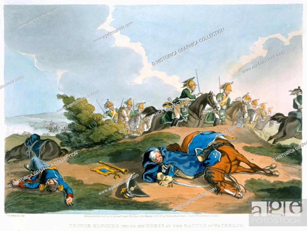 Stock Photo: 'Prince Blucher under his Horse at the Battle of Waterloo', 1815. The intervention of Field Marshal Blucher's Prussian army made a vital contribution to.