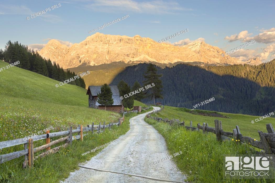 Stock Photo: Longiarù, San Martino in Badia, Badia Valley, Dolomites, Bolzano province, South Tyrol, Italy. A footpath with Sasso della Croce in the background.