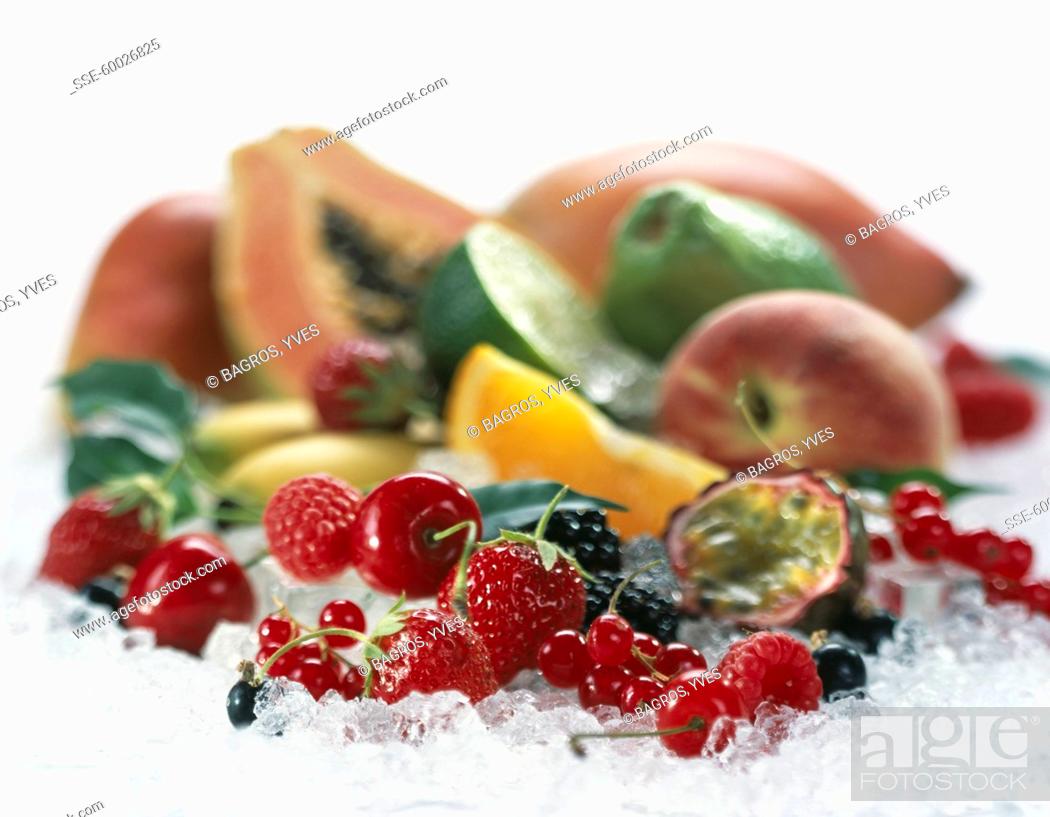 Stock Photo: Assorted fresh fruit on ice.