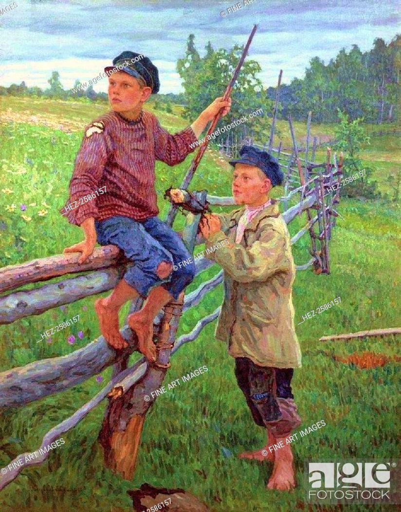 Stock Photo: Country Boys', 1936. Bogdanov-Belsky, Nikolai Petrovich (1868-1945). Found in the collection of the State Art Museum of Republic Latvia, Riga.