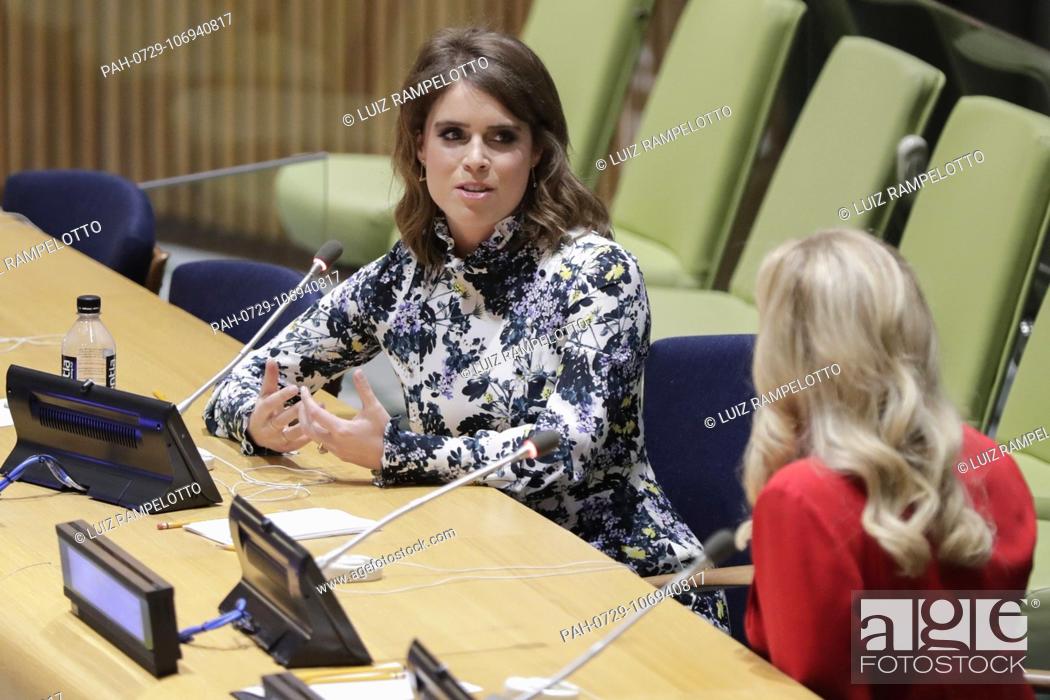 Stock Photo: United Nations, New York, USA, July 26, 2018 - Princess Eugenie of York speak about her work as Director of the Anti-Slavery Collective During the NEXUS Meeting.