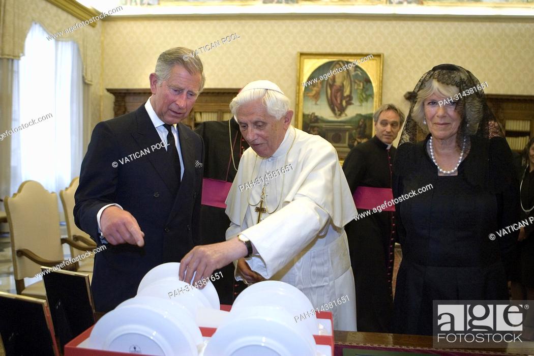 Stock Photo: The new King Charles III. In the archive photo: Pope Benedict XVI during a meeting in his private library with Prince Charles and Camilla, Duchess of Cornowall.