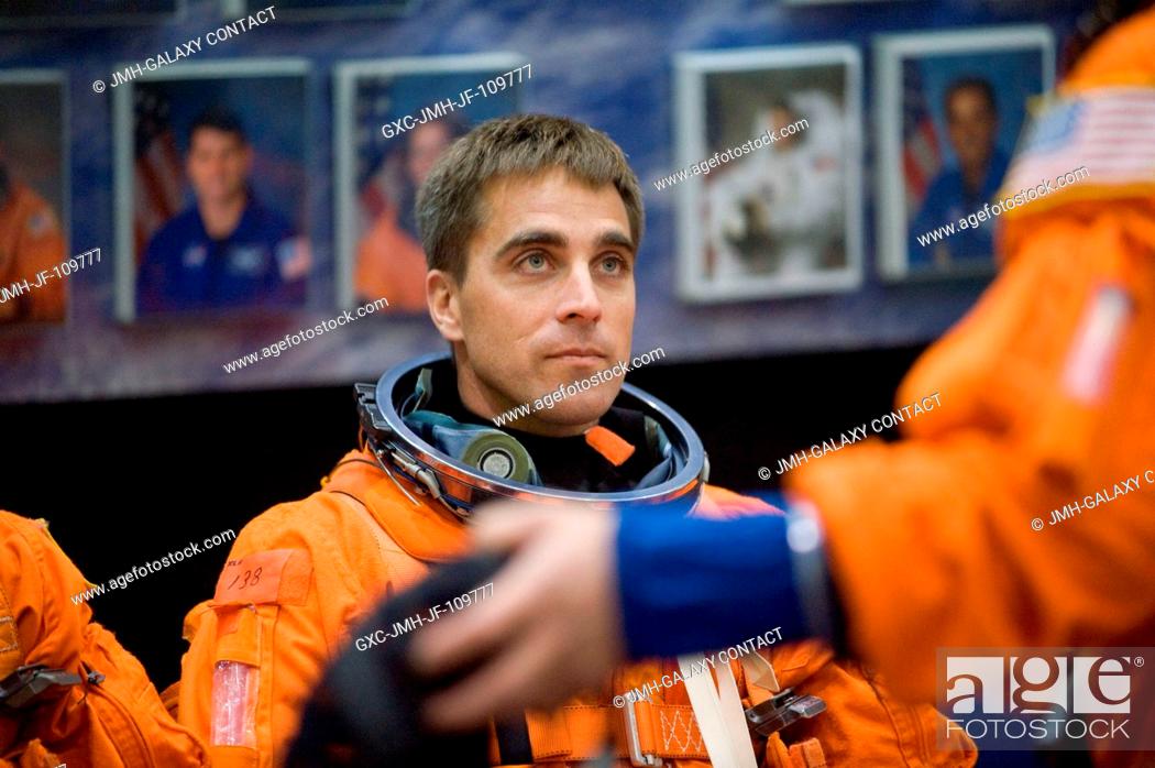 Stock Photo: Astronaut Christopher Cassidy, STS-127 mission specialist, attired in a training version of his shuttle launch and entry suit.