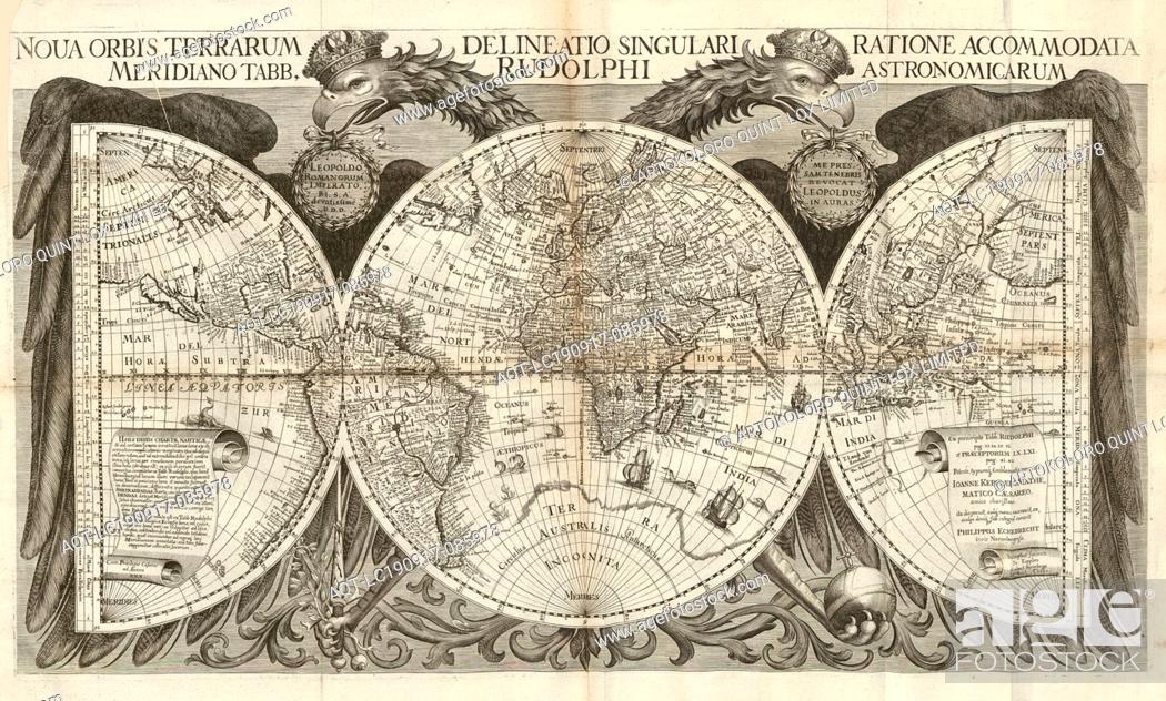Stock Photo: Nova orbis terrarum delineatio singulari ratione accomodata meridiano tabb. rudolphi Astronimicarum, World map with graticule, Signed: Sumptus faciente Jo.