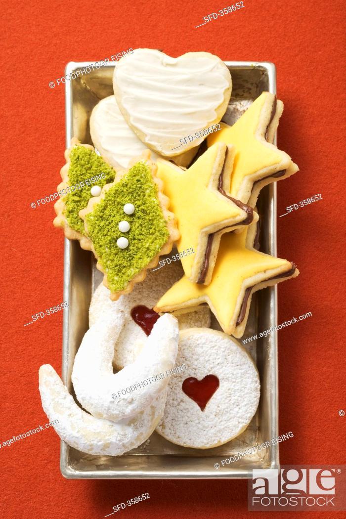 Stock Photo: Various Christmas biscuits in a dish.
