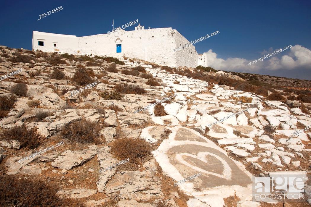 Stock Photo: Zoodohos Pigi monastery situated on the top of the hill at the upper side of the Kastro or Castle village, Sikinos, Cyclades Islands, Greek Islands, Greece.