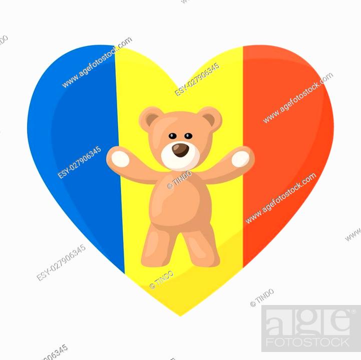 Stock Vector: Teddy Bears with heart with flag of Romania (also simple flag of Andorra and Chad). Illustration of travel souvenir from visiting the country.