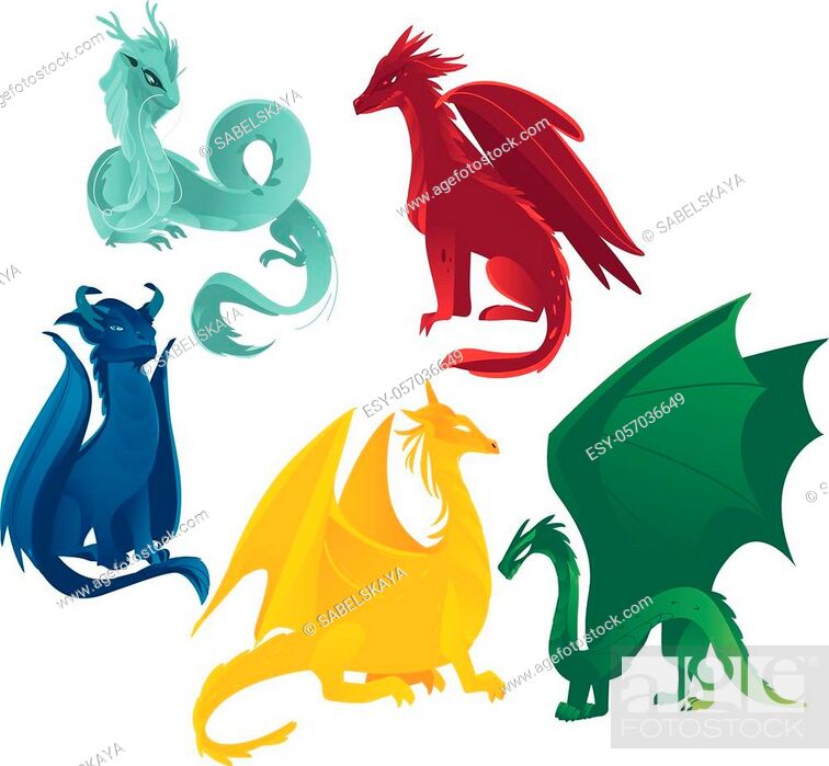 vector flat cartoon colored blue, red yellow and green majestic mythical  dragons set, Stock Vector, Vector And Low Budget Royalty Free Image. Pic.  ESY-057036649 | agefotostock