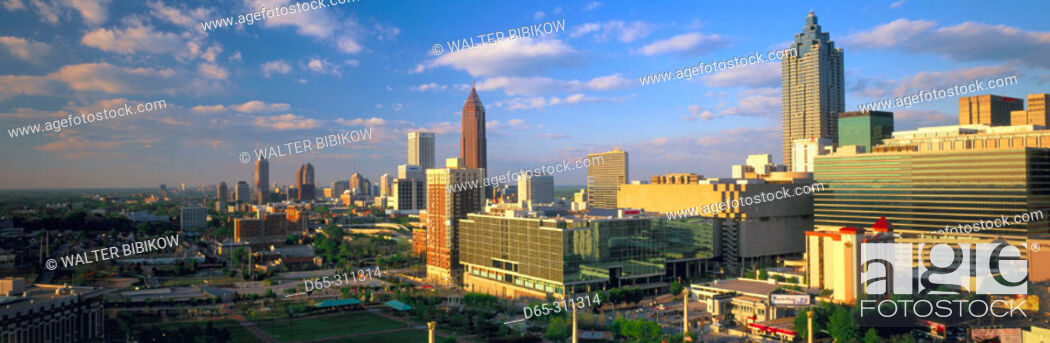 Stock Photo: City skyline at sunset looking North from CNN center. Atlanta. Georgia, USA.
